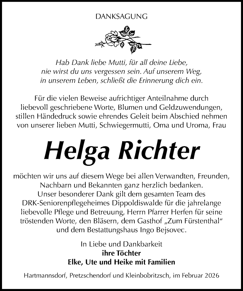  Traueranzeige für Helga Richter vom 26.02.2026 aus Sächsische Zeitung