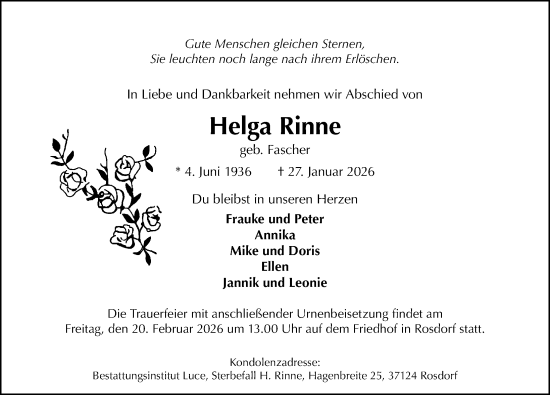 Traueranzeige von Helga Rinne von Göttinger Tageblatt