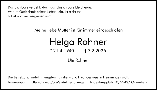 Traueranzeige von Helga Rohner von Hannoversche Allgemeine Zeitung/Neue Presse