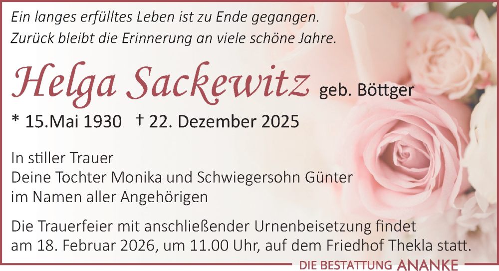  Traueranzeige für Helga Sackewitz vom 07.02.2026 aus Leipziger Volkszeitung