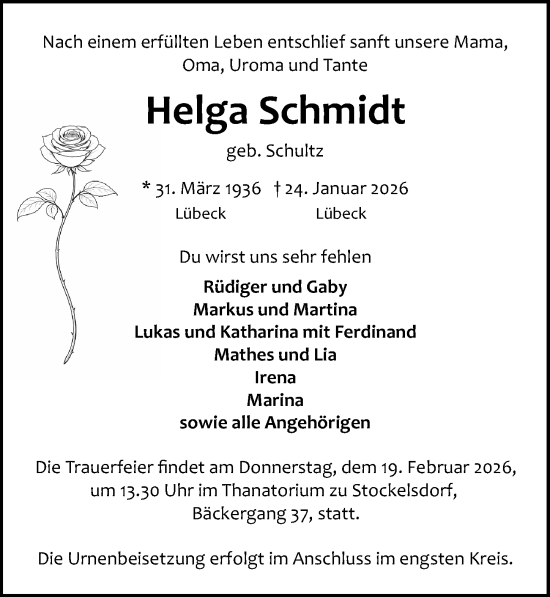 Traueranzeige von Helga Schmidt von Lübecker Nachrichten