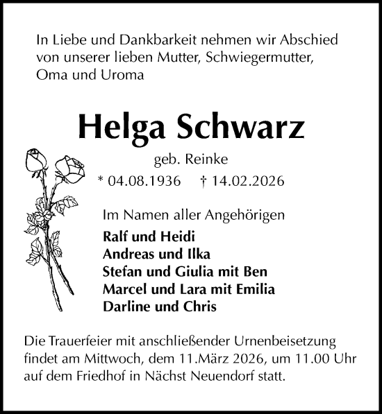 Traueranzeige von Helga Schwarz von Märkischen Allgemeine Zeitung