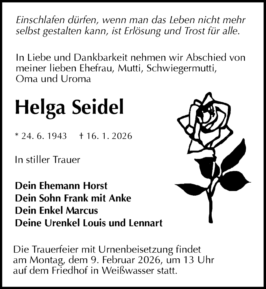  Traueranzeige für Helga Seidel vom 24.01.2026 aus Sächsische Zeitung