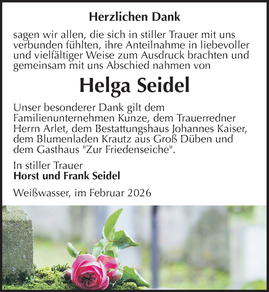  Traueranzeige für Helga Seidel vom 21.02.2026 aus Sächsische Zeitung