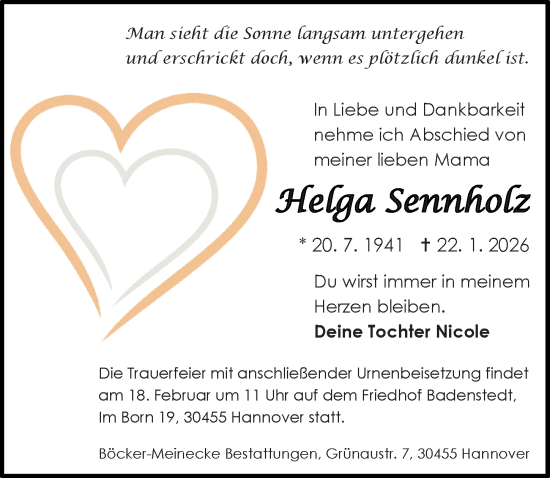 Traueranzeige von Helga Sennholz von Hannoversche Allgemeine Zeitung/Neue Presse