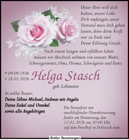 Traueranzeige von Helga Stasch von Leipziger Volkszeitung