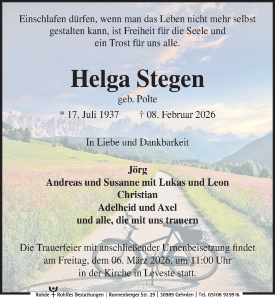 Traueranzeige von Helga Stegen von Hannoversche Allgemeine Zeitung/Neue Presse