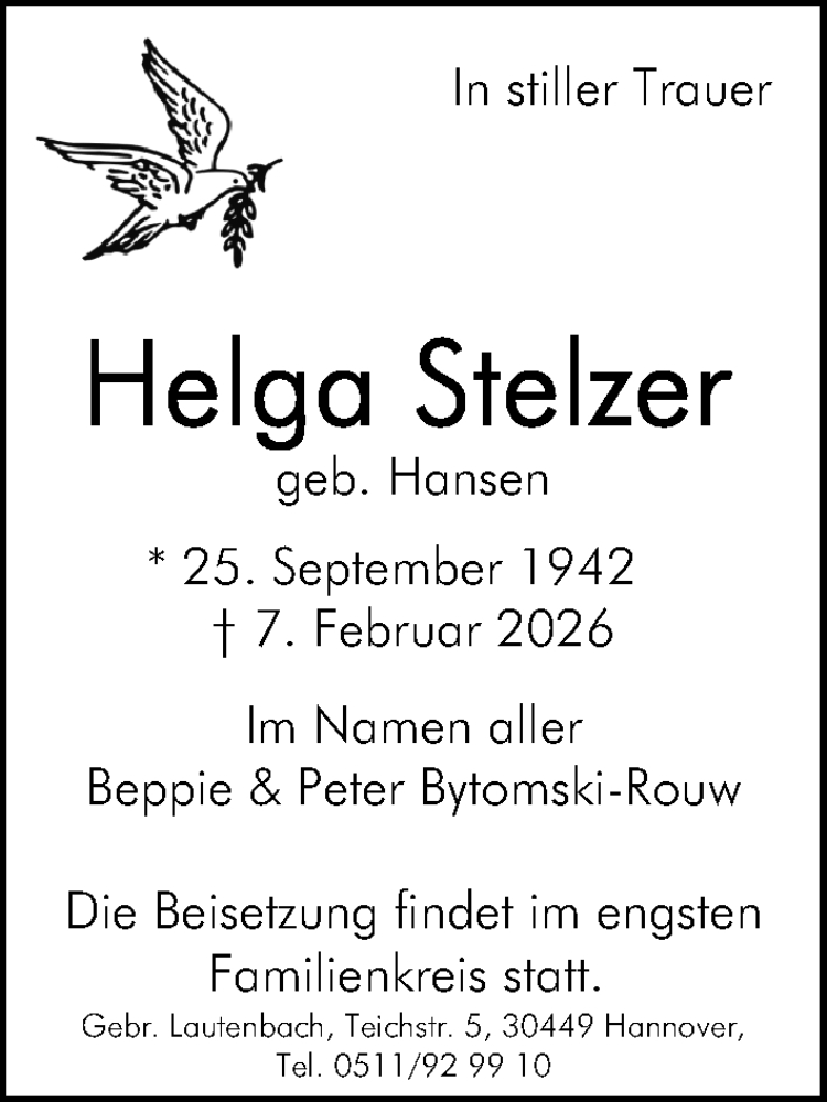  Traueranzeige für Helga Stelzer vom 14.02.2026 aus Hannoversche Allgemeine Zeitung/Neue Presse