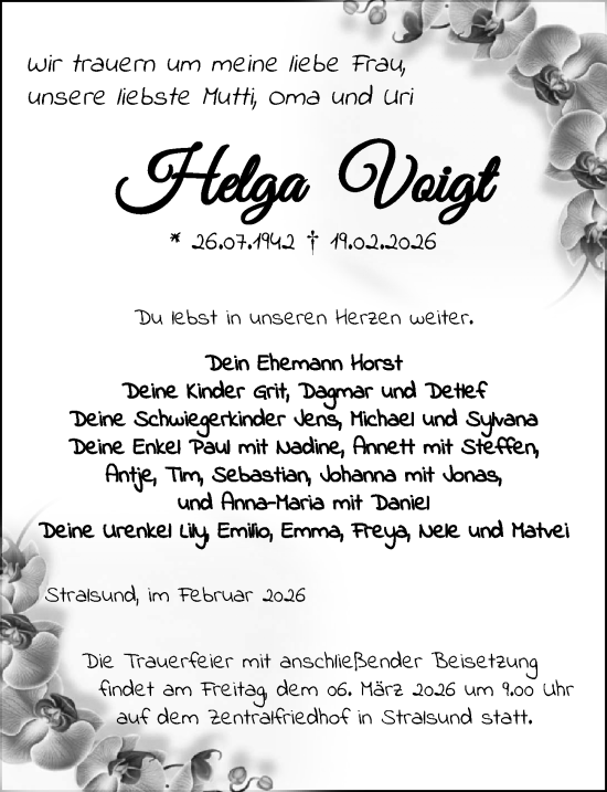 Traueranzeige von Helga Voigt von Ostsee-Zeitung GmbH