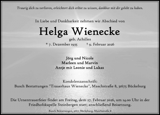 Traueranzeige von Helga Wienecke von Schaumburger Nachrichten