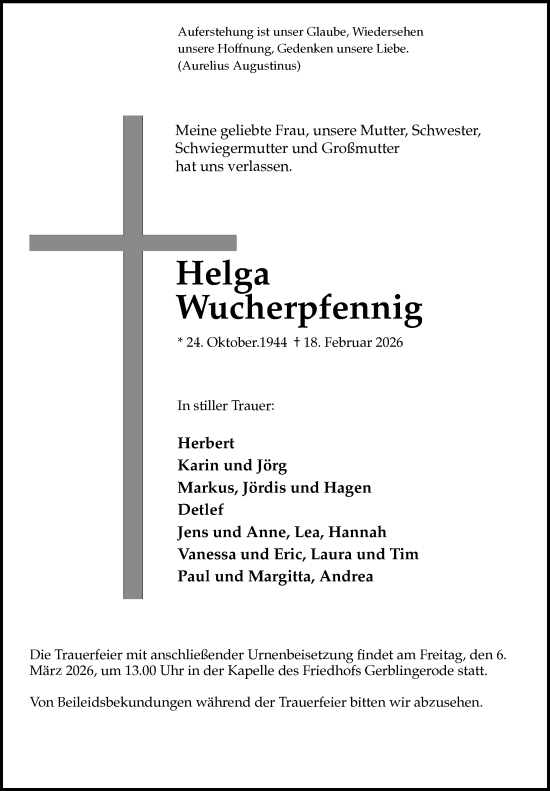 Traueranzeige von Helga Wucherpfennig von Eichsfelder Tageblatt