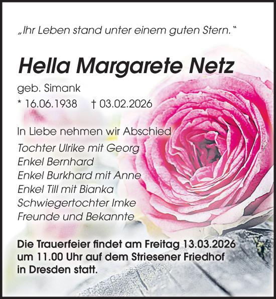 Traueranzeige von Hella Margarete Netz von Sächsische Zeitung
