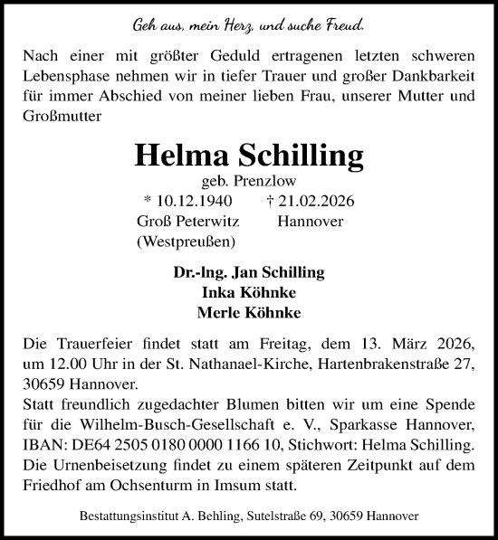Traueranzeige von Helma Schilling von Hannoversche Allgemeine Zeitung/Neue Presse