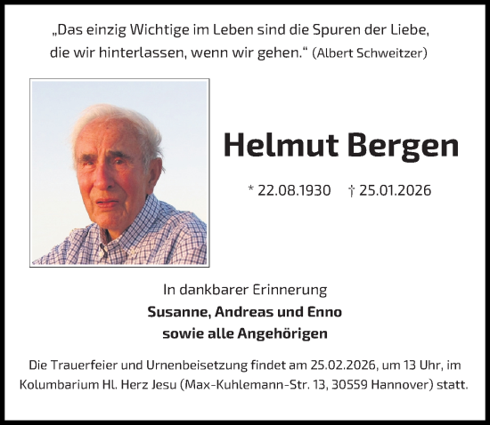 Traueranzeige von Helmut Bergen von Hannoversche Allgemeine Zeitung/Neue Presse