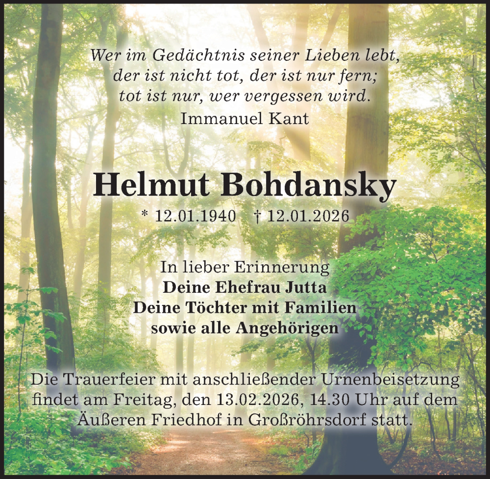  Traueranzeige für Helmut Bohdansky vom 24.01.2026 aus Sächsische Zeitung