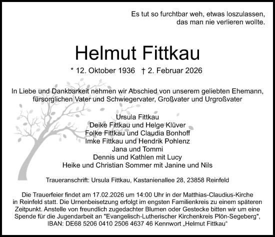 Traueranzeige von Helmut Fittkau von Lübecker Nachrichten