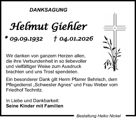 Traueranzeige von Helmut Giehler von Sächsische Zeitung