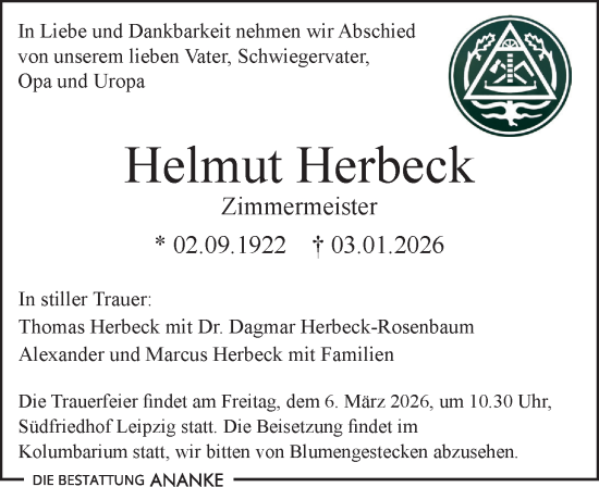 Traueranzeige von Helmut Herbeck von Leipziger Volkszeitung