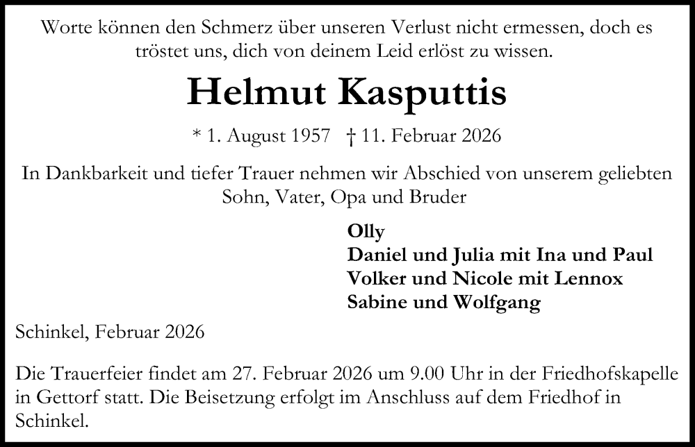  Traueranzeige für Helmut Kasputtis vom 21.02.2026 aus Kieler Nachrichten