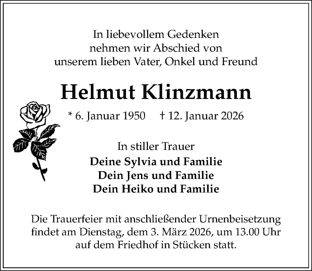  Traueranzeige für Helmut Klinzmann vom 14.02.2026 aus Märkischen Allgemeine Zeitung