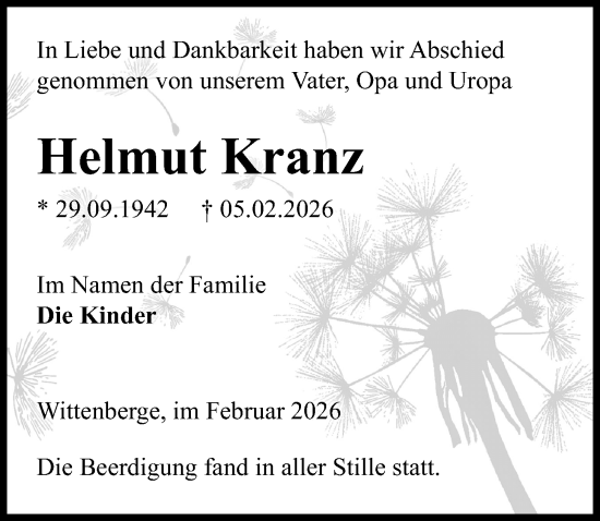 Traueranzeige von Helmut Kranz von Wochenspiegel