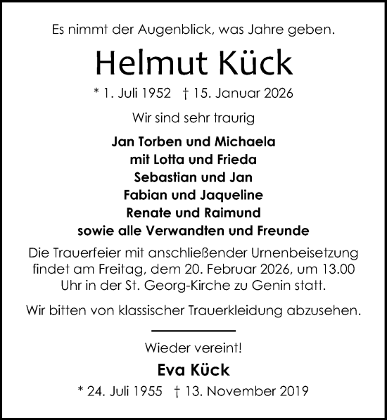 Traueranzeige von Helmut Kück von Lübecker Nachrichten
