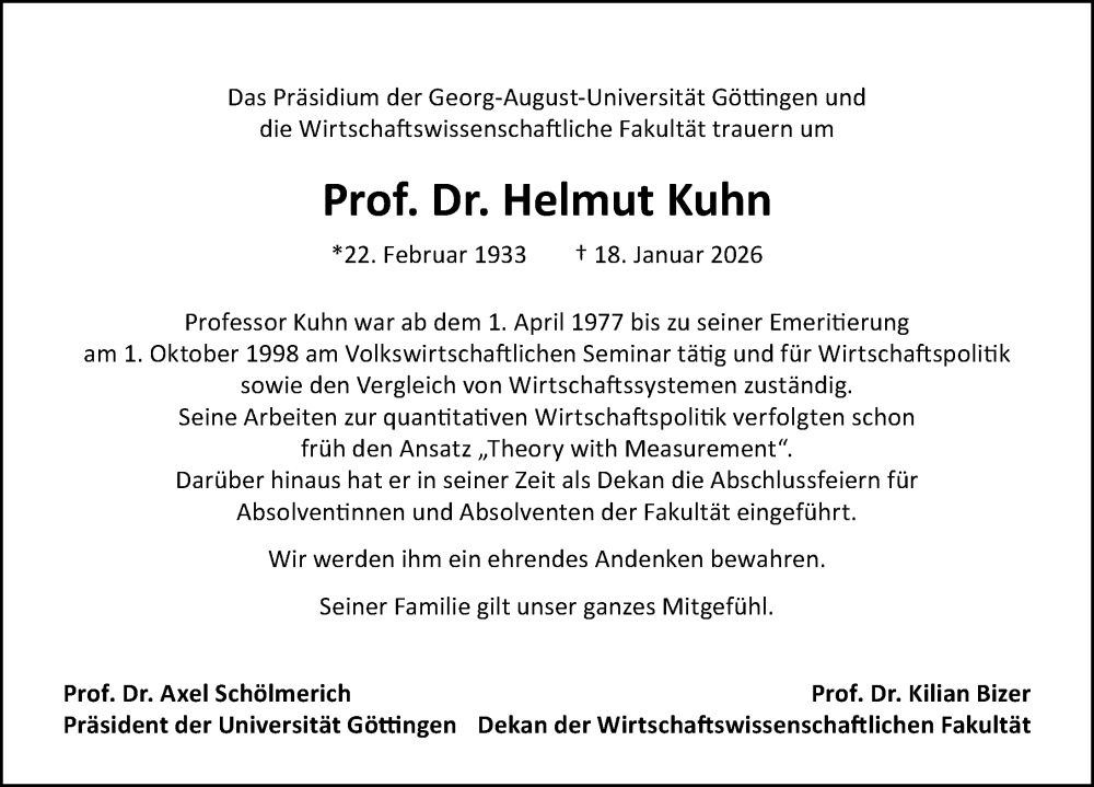  Traueranzeige für Helmut Kuhn vom 07.02.2026 aus Göttinger Tageblatt