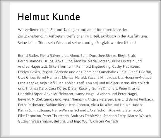 Traueranzeige von Helmut Kunde von Kieler Nachrichten