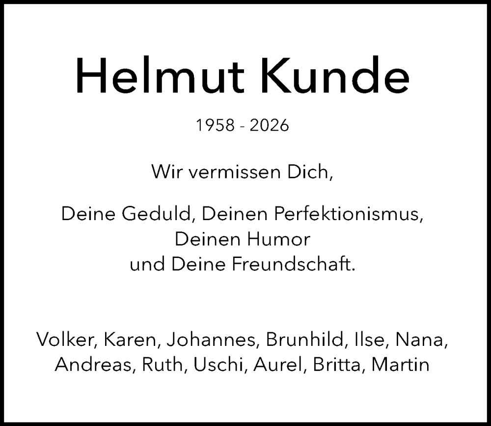  Traueranzeige für Helmut Kunde vom 14.02.2026 aus Kieler Nachrichten