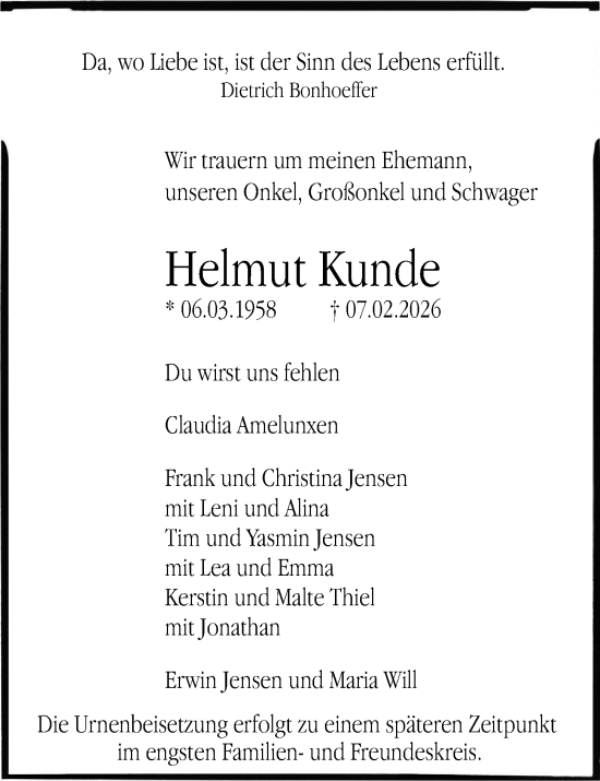 Traueranzeige von Helmut Kunde von Kieler Nachrichten