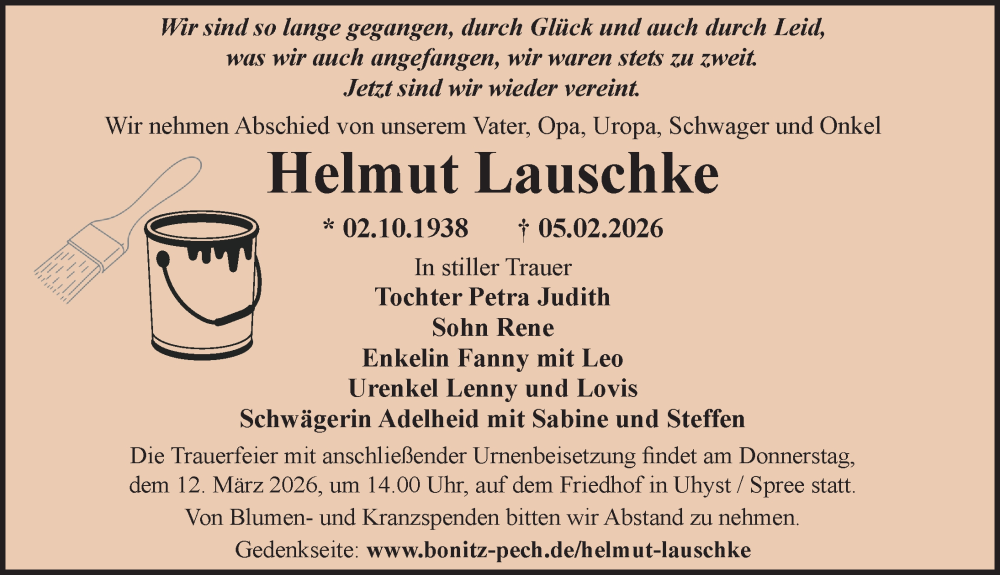  Traueranzeige für Helmut Lauschke vom 21.02.2026 aus Sächsische Zeitung