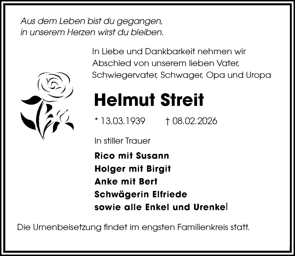  Traueranzeige für Helmut Streit vom 21.02.2026 aus Sächsische Zeitung
