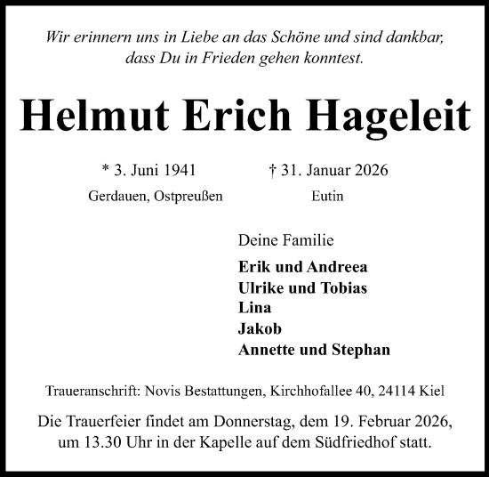Traueranzeige von Helmut Erich Hageleit von Kieler Nachrichten