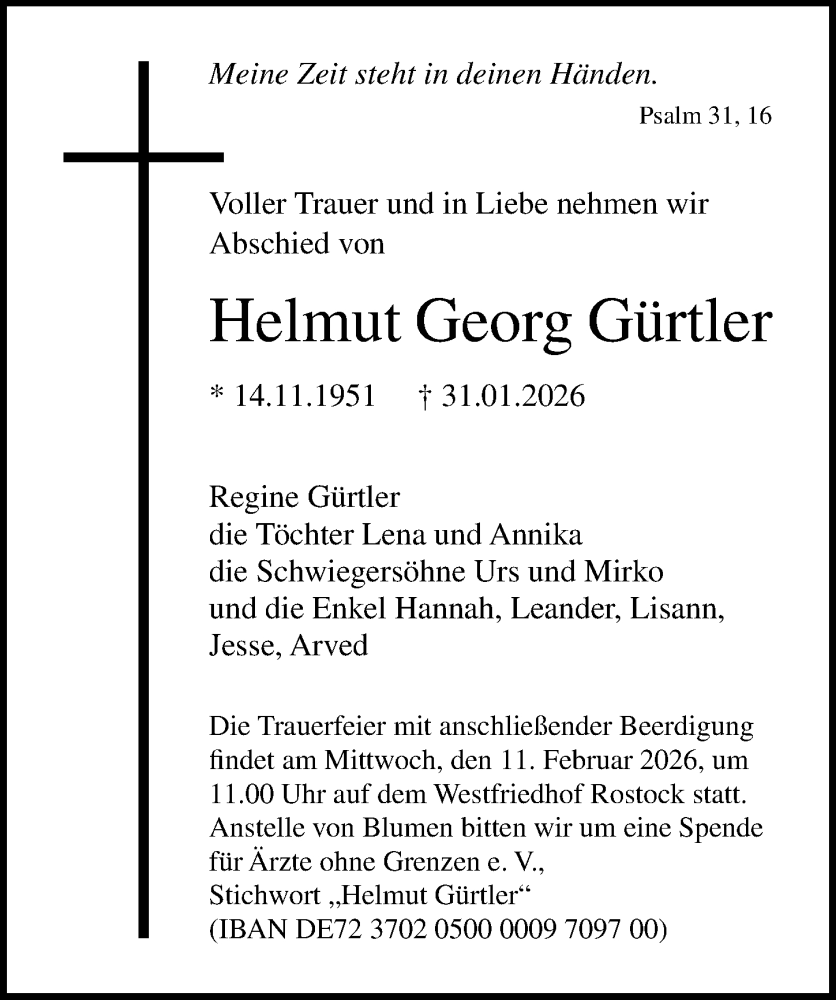  Traueranzeige für Helmut Georg Gürtler vom 07.02.2026 aus Ostsee-Zeitung GmbH