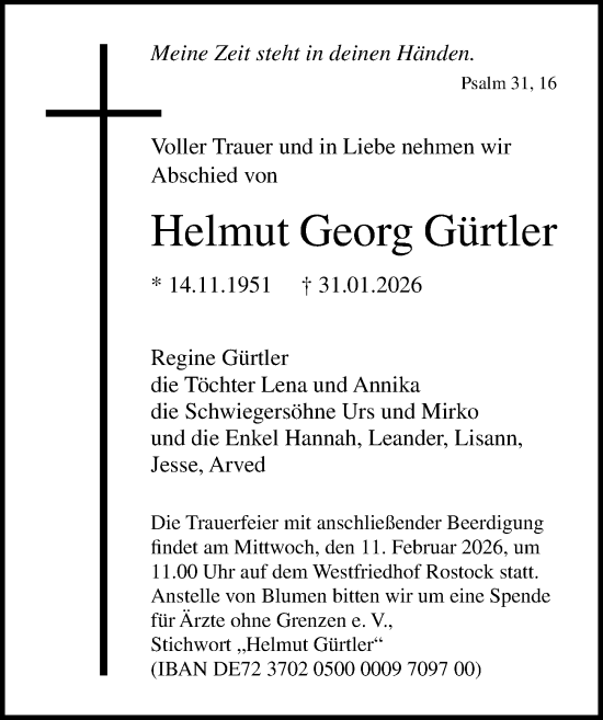 Traueranzeige von Helmut Georg Gürtler von Ostsee-Zeitung GmbH