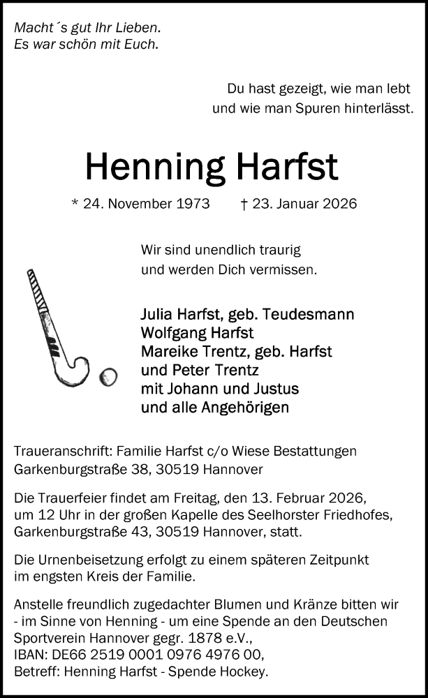  Traueranzeige für Henning Harfst vom 07.02.2026 aus Hannoversche Allgemeine Zeitung/Neue Presse