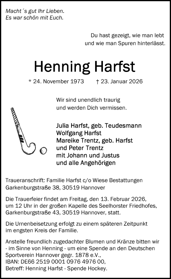 Traueranzeige von Henning Harfst von Hannoversche Allgemeine Zeitung/Neue Presse
