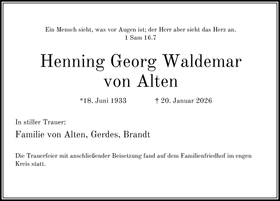 Traueranzeige von Henning Georg Waldemar von Alten von Hannoversche Allgemeine Zeitung/Neue Presse