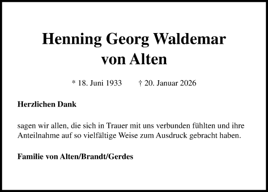 Traueranzeige von Henning Georg Waldemar von Alten von Hannoversche Allgemeine Zeitung/Neue Presse