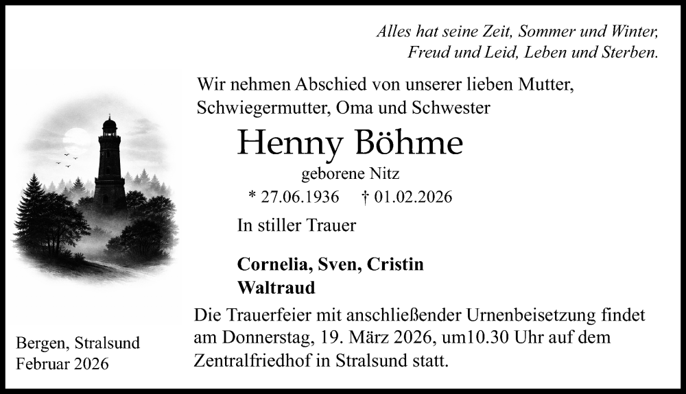  Traueranzeige für Henny Böhme vom 14.02.2026 aus Ostsee-Zeitung GmbH