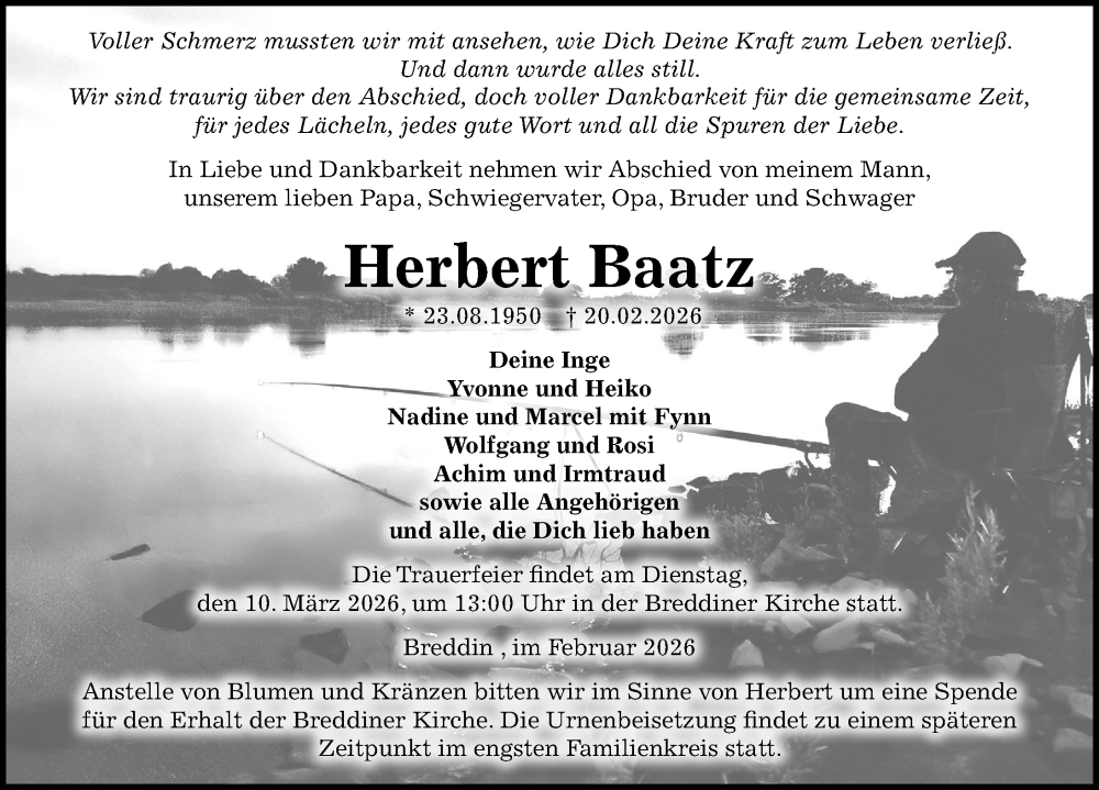  Traueranzeige für Herbert Baatz vom 28.02.2026 aus Wochenspiegel