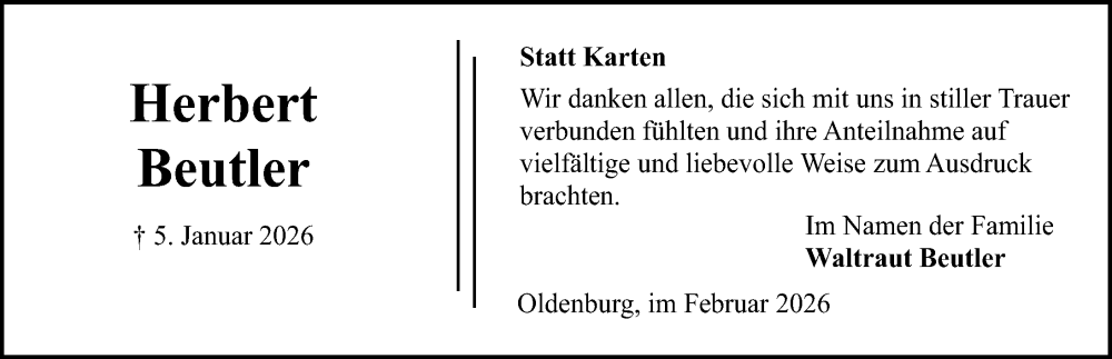  Traueranzeige für Herbert Beutler vom 14.02.2026 aus Lübecker Nachrichten