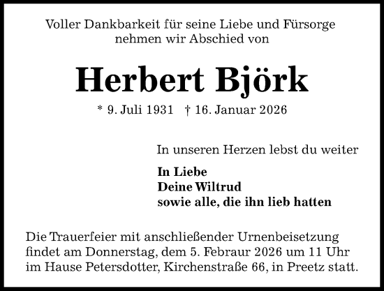 Traueranzeige von Herbert Björk von Kieler Nachrichten