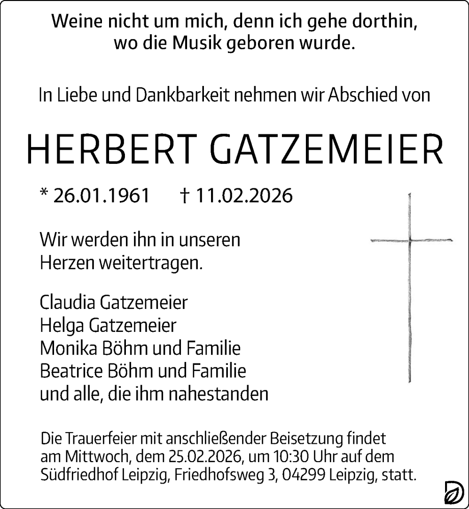  Traueranzeige für Herbert Gatzemeier vom 21.02.2026 aus Leipziger Volkszeitung