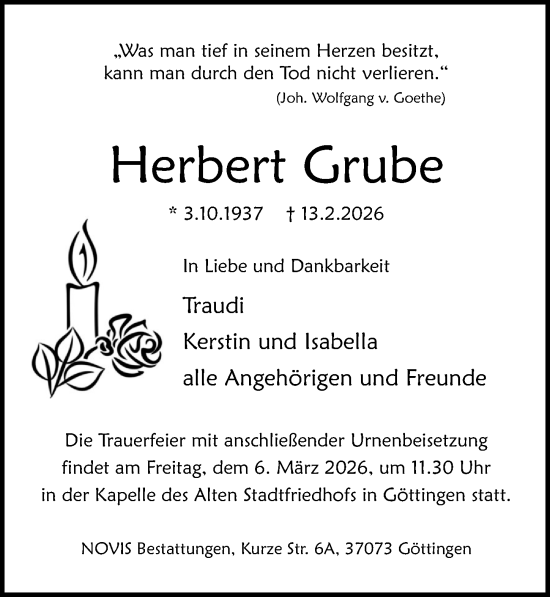 Traueranzeige von Herbert Grube von Göttinger Tageblatt