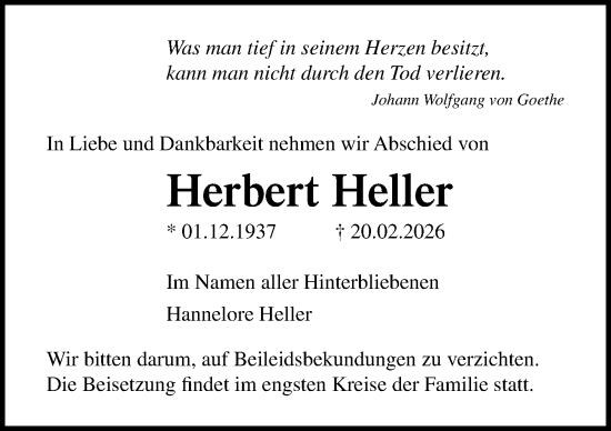 Traueranzeige von Herbert Heller von Ostsee-Zeitung GmbH