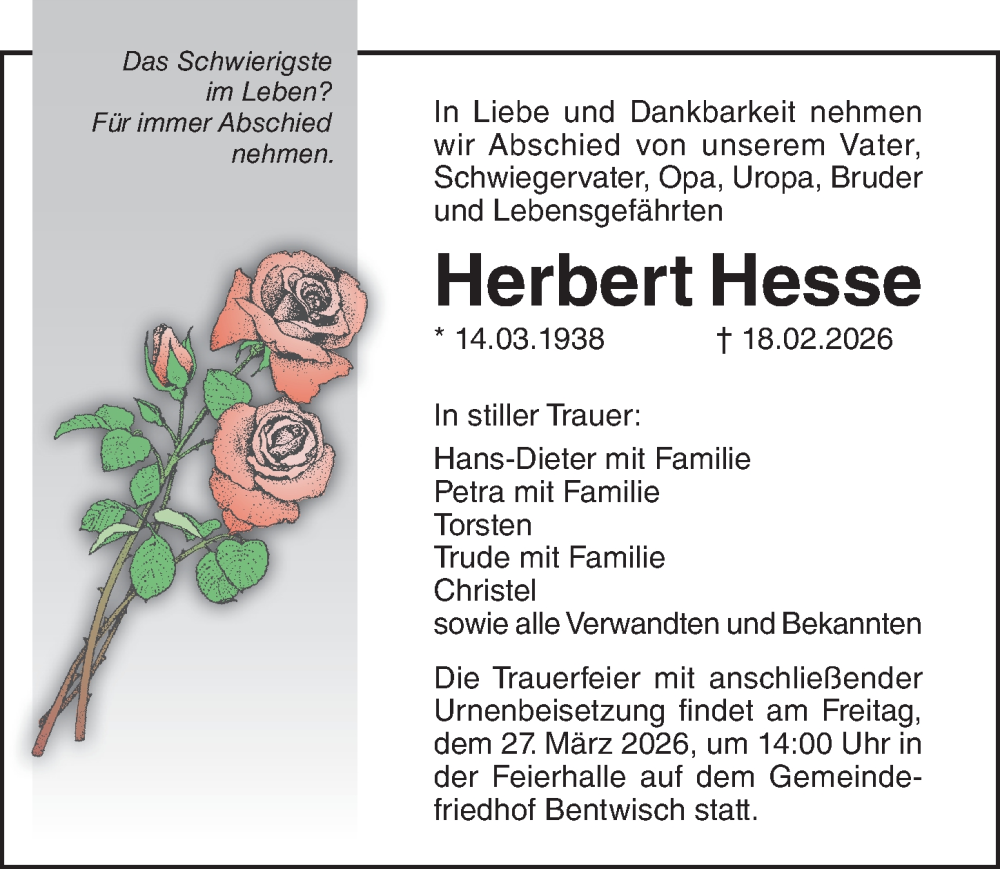  Traueranzeige für Herbert Hesse vom 28.02.2026 aus Ostsee-Zeitung GmbH