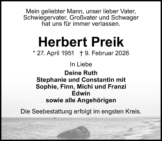 Traueranzeige von Herbert Preik von Lübecker Nachrichten