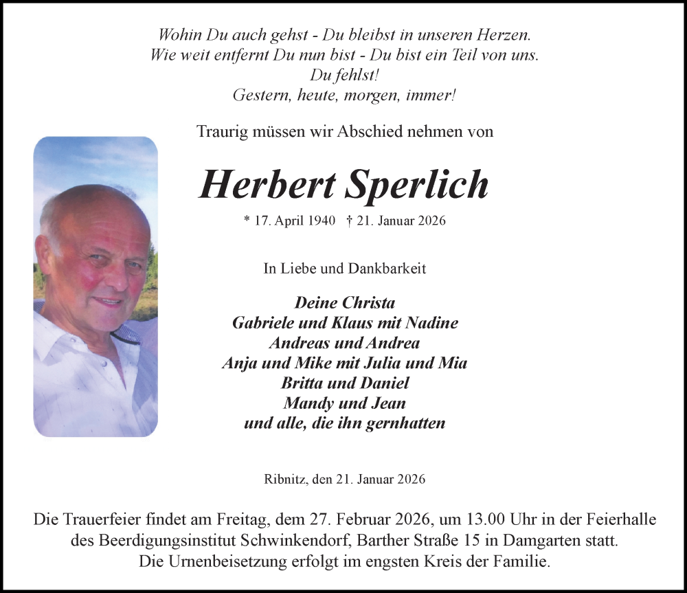  Traueranzeige für Herbert Sperlich vom 07.02.2026 aus Ostsee-Zeitung GmbH