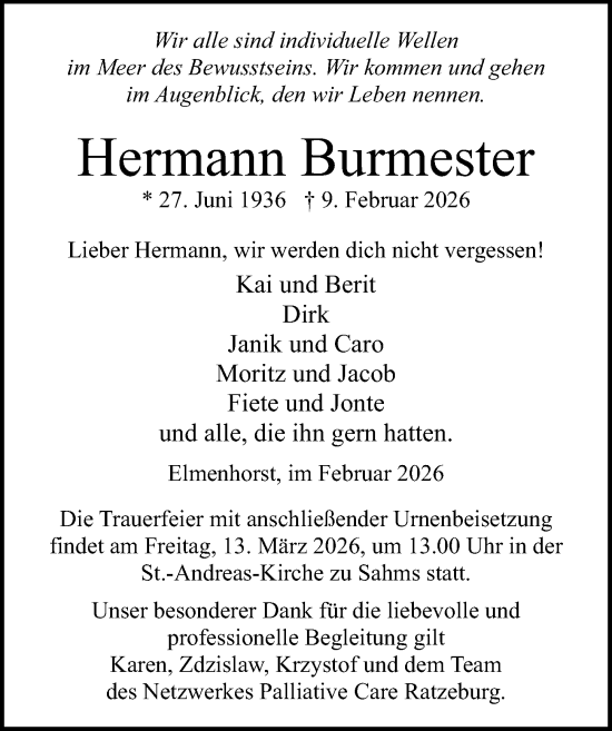 Traueranzeige von Hermann Burmester von Lübecker Nachrichten